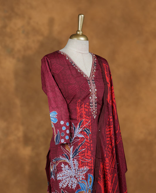 Dark Red colour churidar set featuring elegant cut beat And thread embroidery on the neckline, sleeves, and floral pattern across the body, Paired with a matching dupatta