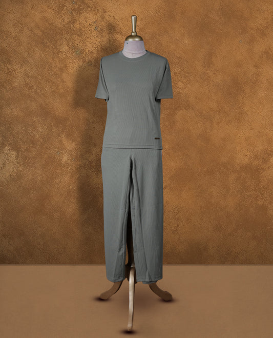 Dusty green colour coord set with round neckline, short sleeve Tshirt design and matching pant