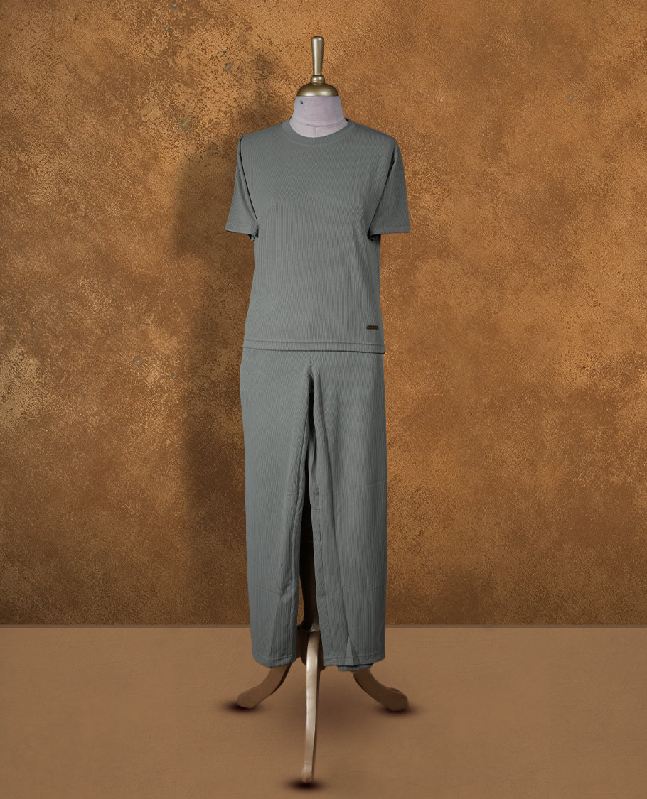 Dusty green colour coord set with round neckline, short sleeve Tshirt design and matching pant