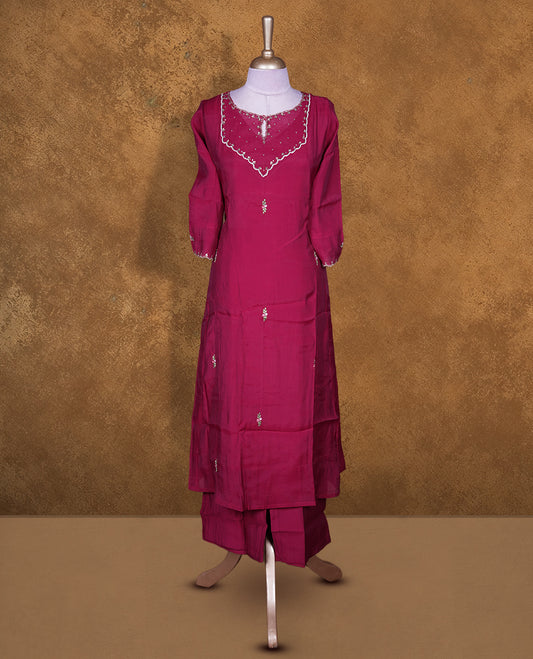 Wine colour coord set featuring a V-neckline with delicate sequin and thread embellishment, a straight knee-length kurta, and a matching coordinated bottom.