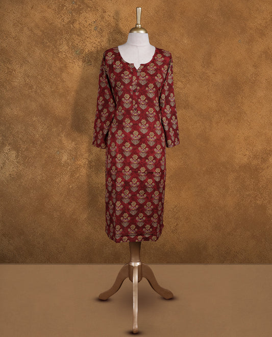 Brown colour Kurti featuring floral print pattern across,  round neckline with split, and sleeves.