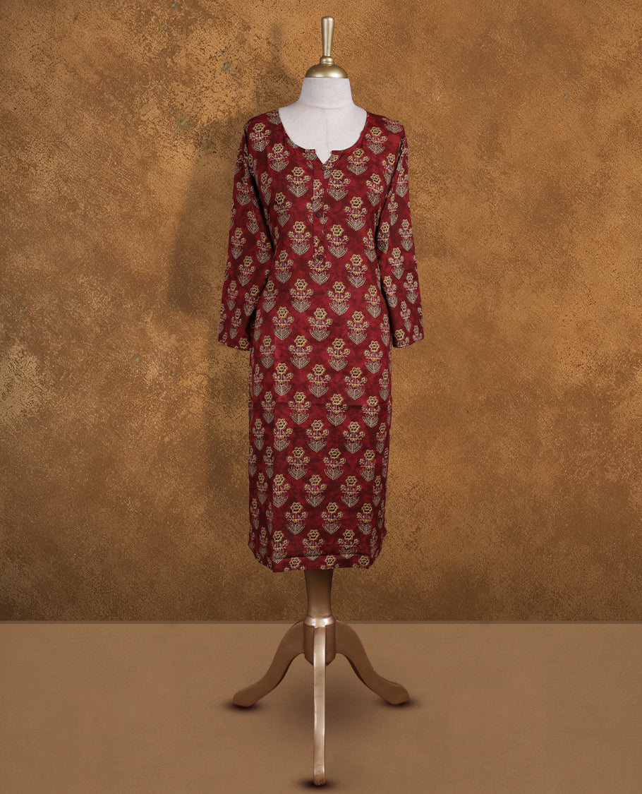 Brown colour Kurti featuring floral print pattern across,  round neckline with split, and sleeves.