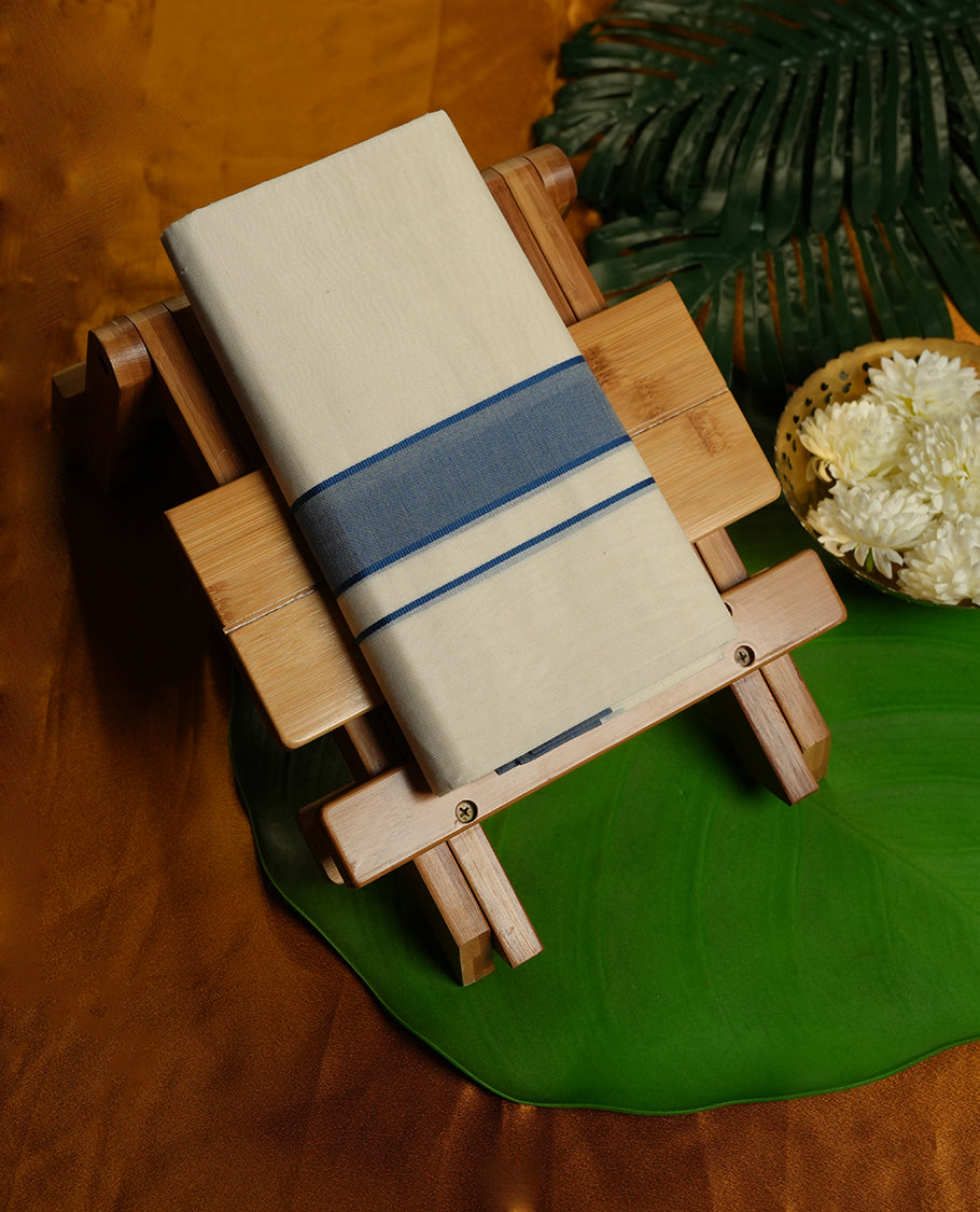 Cream Colour Pure Cotton double Dhoti with Dark Blue Colour Border for Men