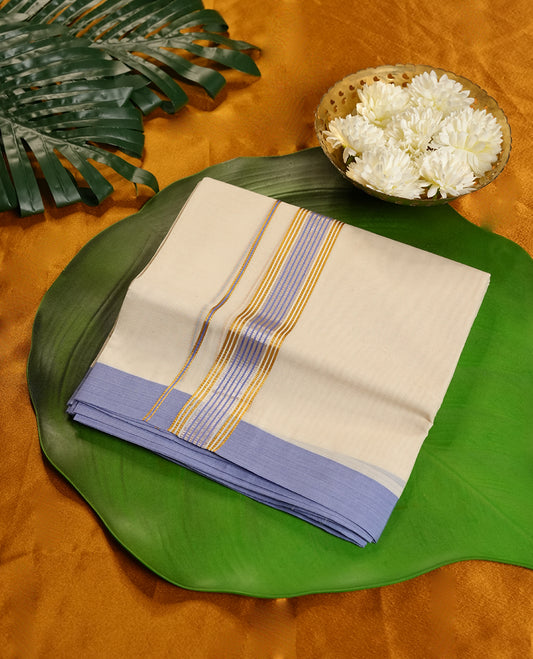 Cream Colour Pure Cotton double Dhoti with blue, rose gold and gold Colour Border for Men