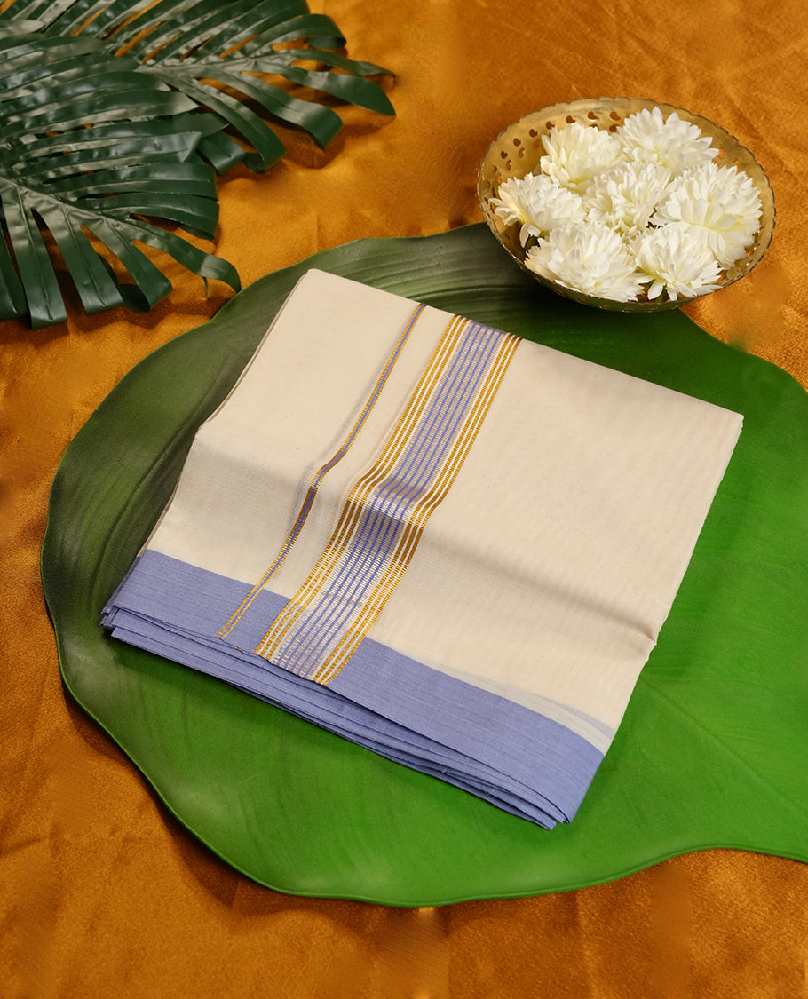 Cream Colour Pure Cotton double Dhoti with blue, rose gold and gold Colour Border for Men