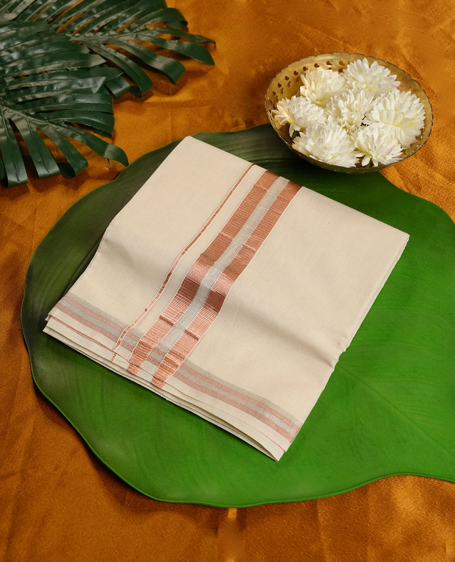 Cream Colour Pure Cotton double Dhoti with silver and copper Colour Border for Men