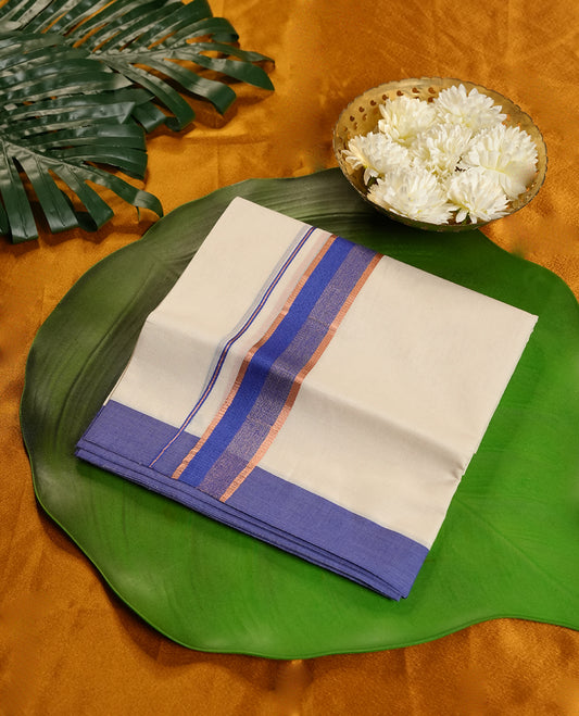Cream Colour Pure Cotton double Dhoti with Navy blue and gold Colour Border for Men
