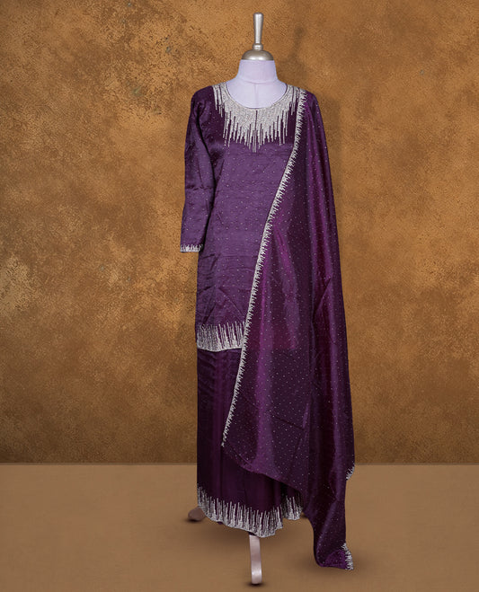 Grape colour sharara set featuring gold stone pattern neckline, sleeves, and stone pattern across on body , Paired with a matching dupatta