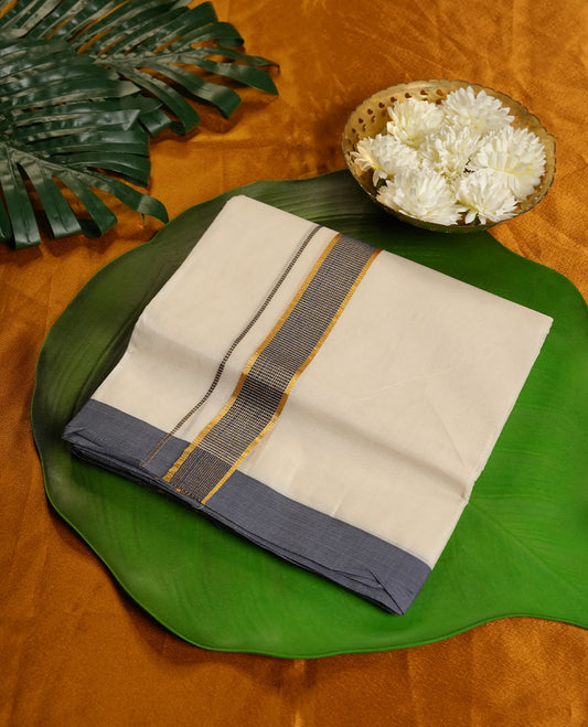 Cream Colour Pure Cotton double Dhoti with Gray and gold Colour Border for Men