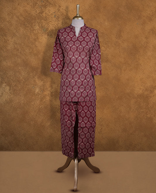 Brown colour coord set featuring cream colour print pattren, mandarin collar, and sleeves, Paired with matching pants.