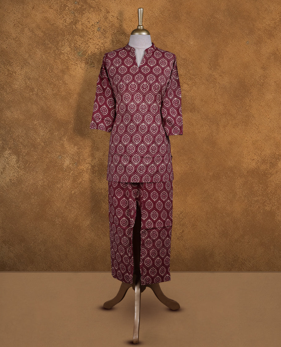 Brown colour coord set featuring cream colour print pattren, mandarin collar, and sleeves, Paired with matching pants.