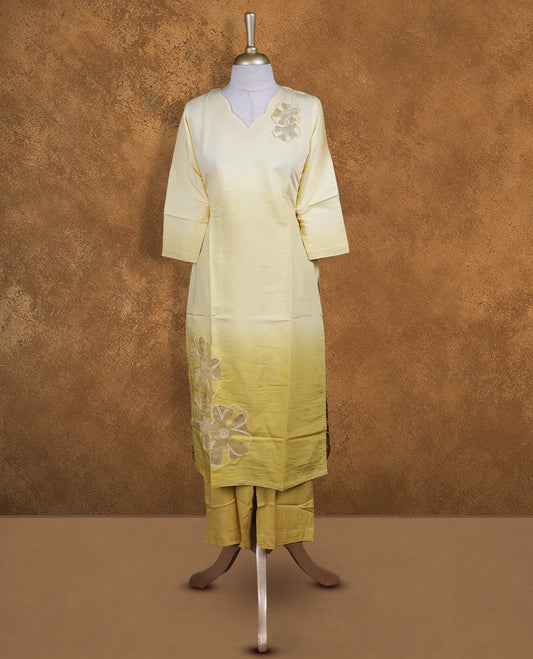 Yellow colour coord set with styled with a V with sweetheart neckline & sleeve,floral pattern on body, knee length design, with matching bottom .