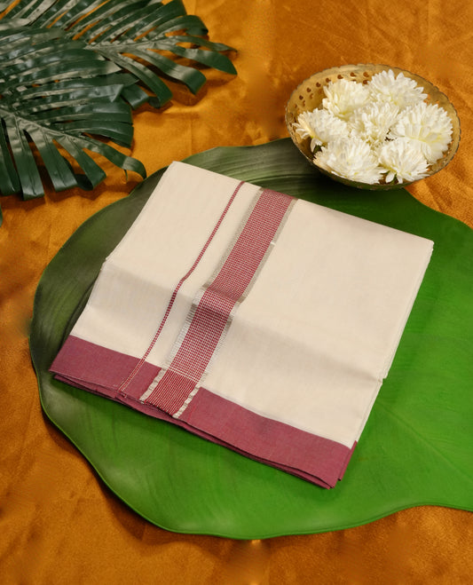 Cream Colour Pure Cotton double Dhoti with Red and silver Colour Border for Men