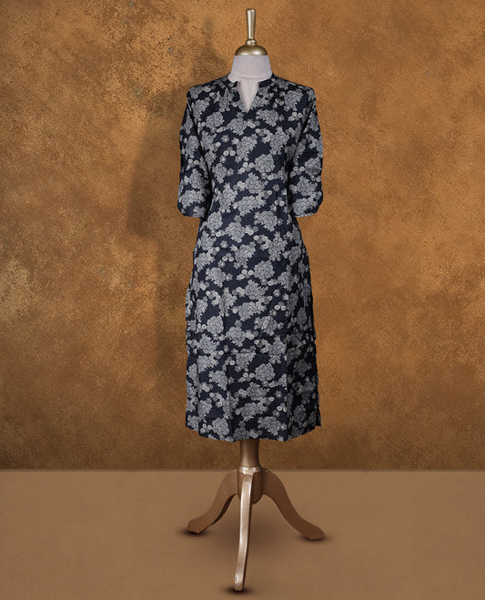 Black colour kurti with styled with a round with split neckline & Floral print across body, knee length design, and a sleeve .
