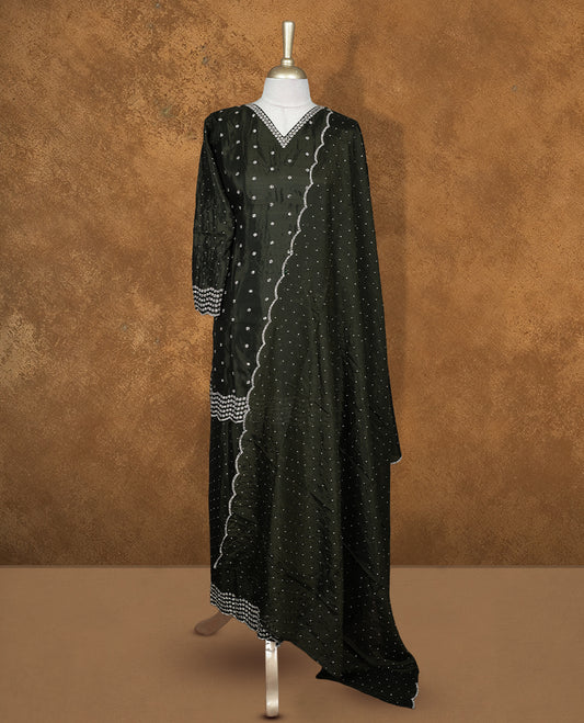 Dark green colour sharara set featuring gold stone pattern neckline, sleeves, and stone pattern across on body , Paired with a matching dupatta