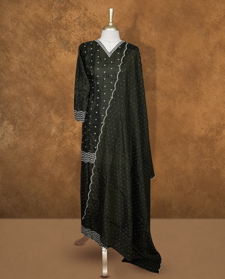 Dark green colour sharara set featuring gold stone pattern neckline, sleeves, and stone pattern across on body , Paired with a matching dupatta