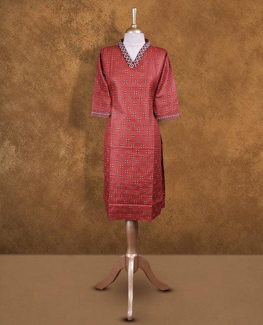 Brown colour kurti with styled with a thread pattern around neckline, print on body knee length design, and a sleeve .