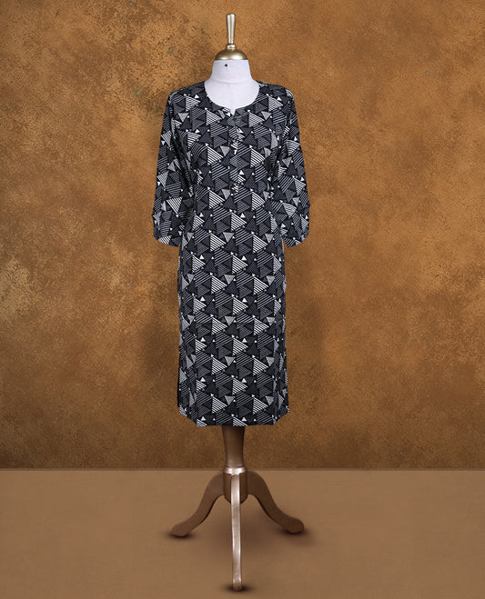 Black  colour kurti with styled with round with v split neckline, geometric print pattern across body knee length design, and a sleeve .