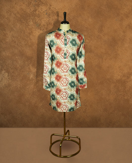 Ivory color with floral print kurti with band collar and button-down front, designed in a straight longline fit with full sleeves