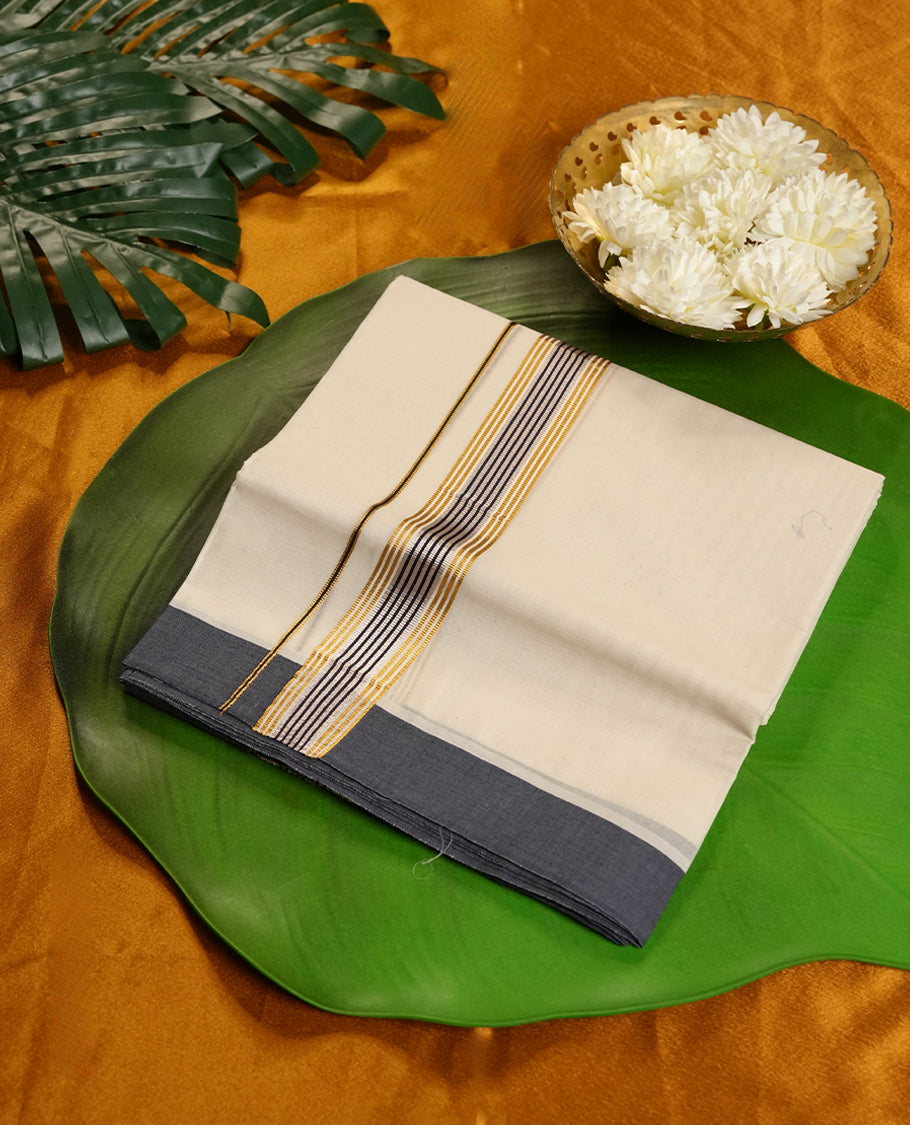 Cream Colour Pure Cotton double Dhoti with Black,silver and gold Colour Border for Men