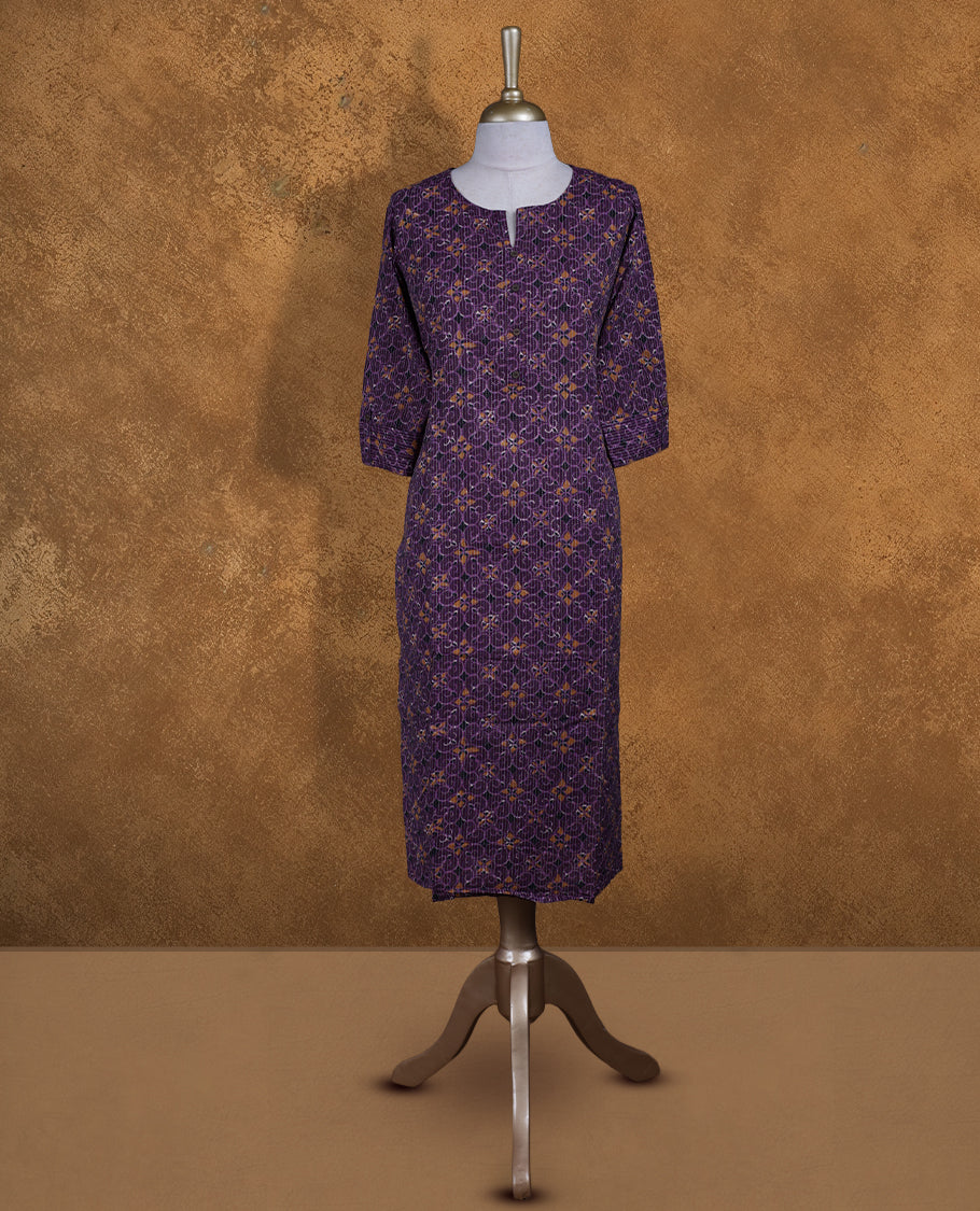 Purple colour Kurti featuring floral print pattern with stripes across,  round neckline with split, and sleeves,