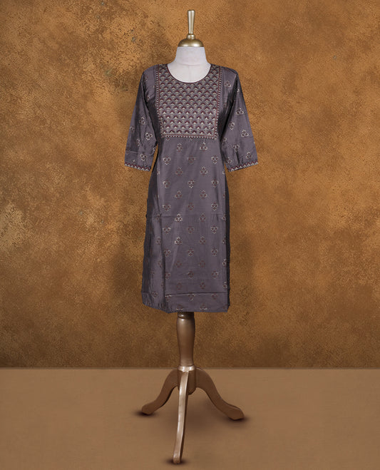 Dark ash colour kurti with styled with a thread pattern around neckline & print pattern across body, knee length design, and a sleeve .