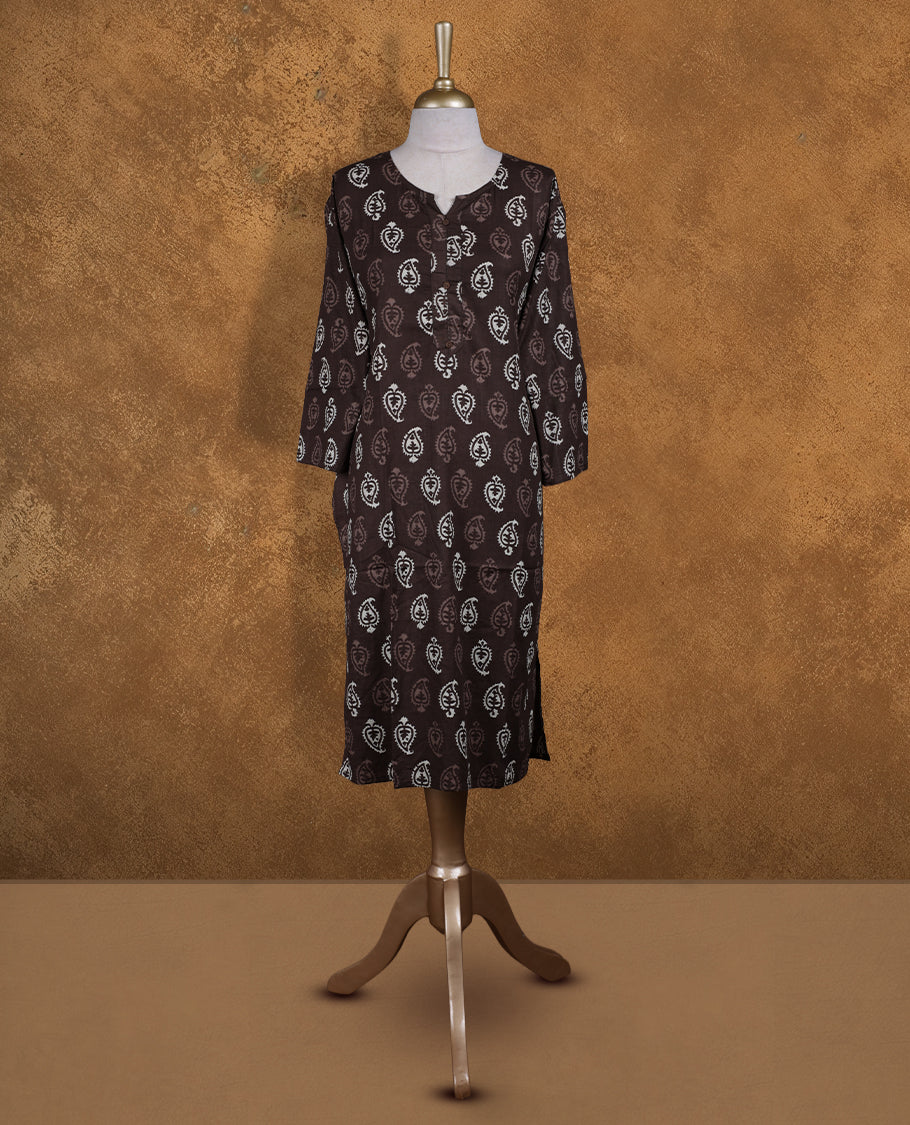 Chocolate brown colour kurti with styled with a round whit split neckline & print pattern across body, knee length design, and a sleeve .