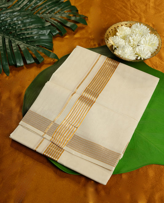 Cream Colour Pure Cotton double Dhoti with Gold and silver Colour Border for Men