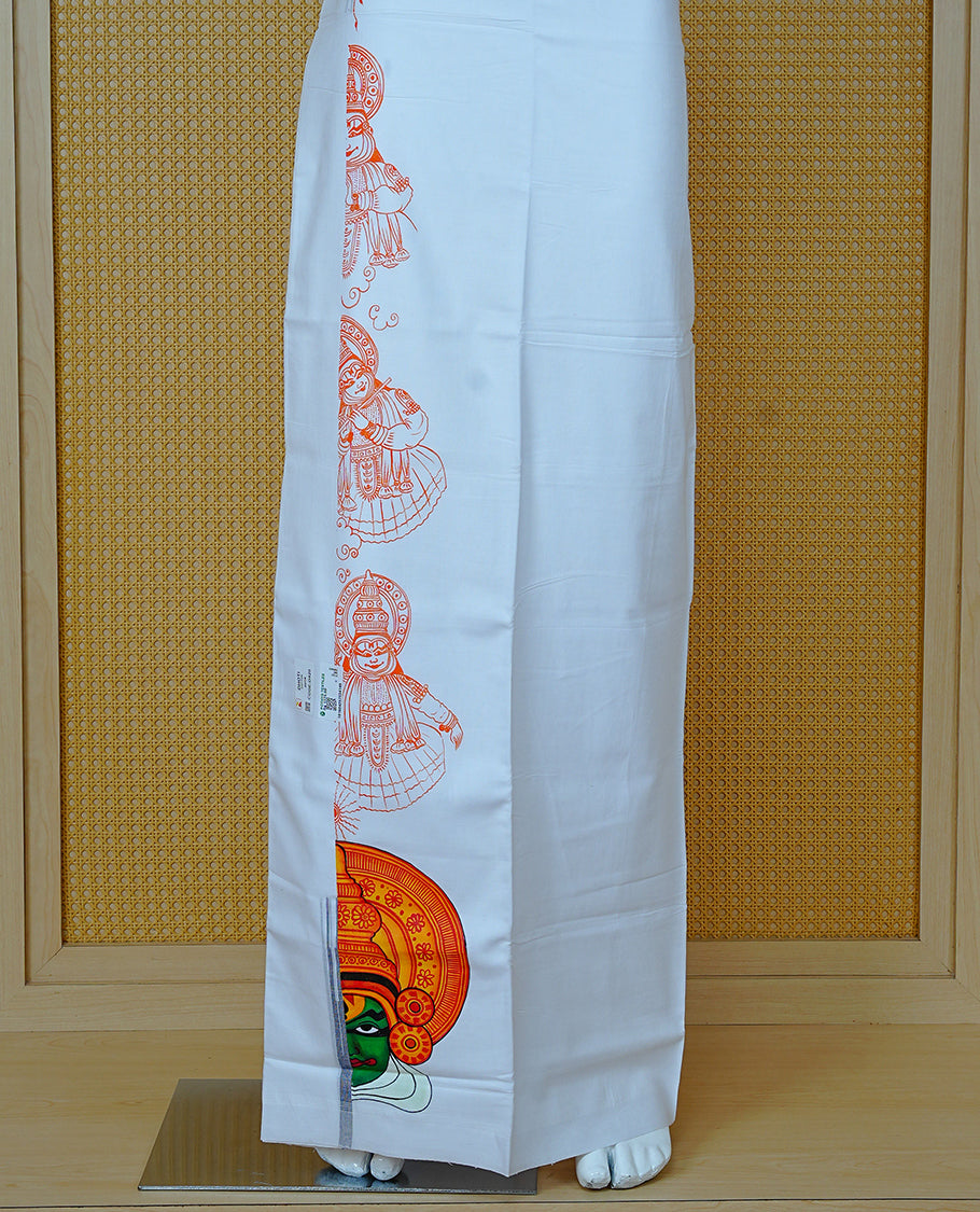 Off White Colour Cotton Double Dhoti Finished With Indian Arts Form Printed kara.