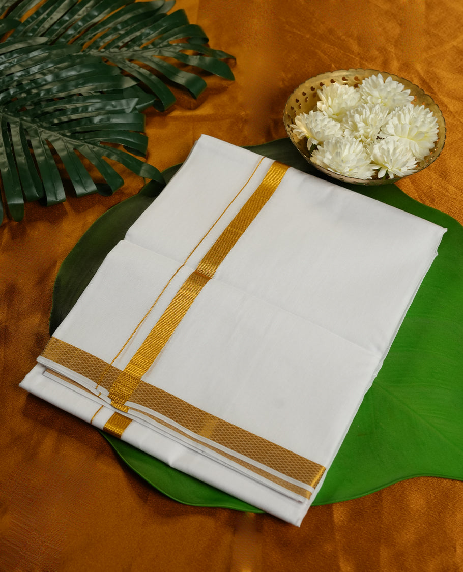 White Colour Pure Cotton double Dhoti with Gold Colour simple Border for Men