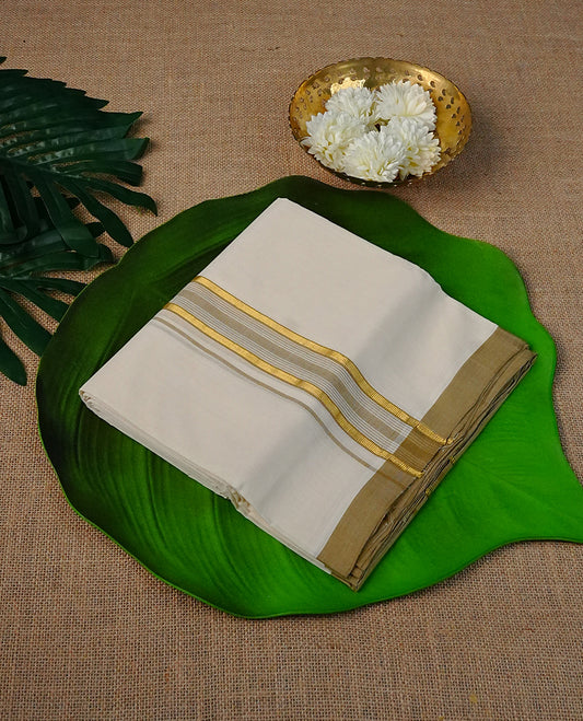 Cream Colour Cotton Double Dhoti Finished with Olive Stripes On Gold Kara