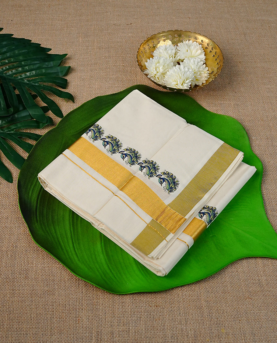 Cream Colour Cotton Double Dhoti Finished With Peacock Prints & Gold kara.