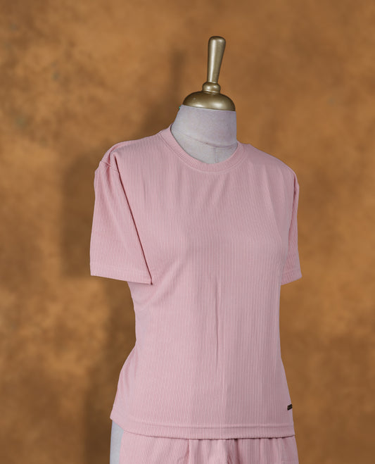 Pink colour coord set with round neckline, short sleeve Tshirt design and matching pant