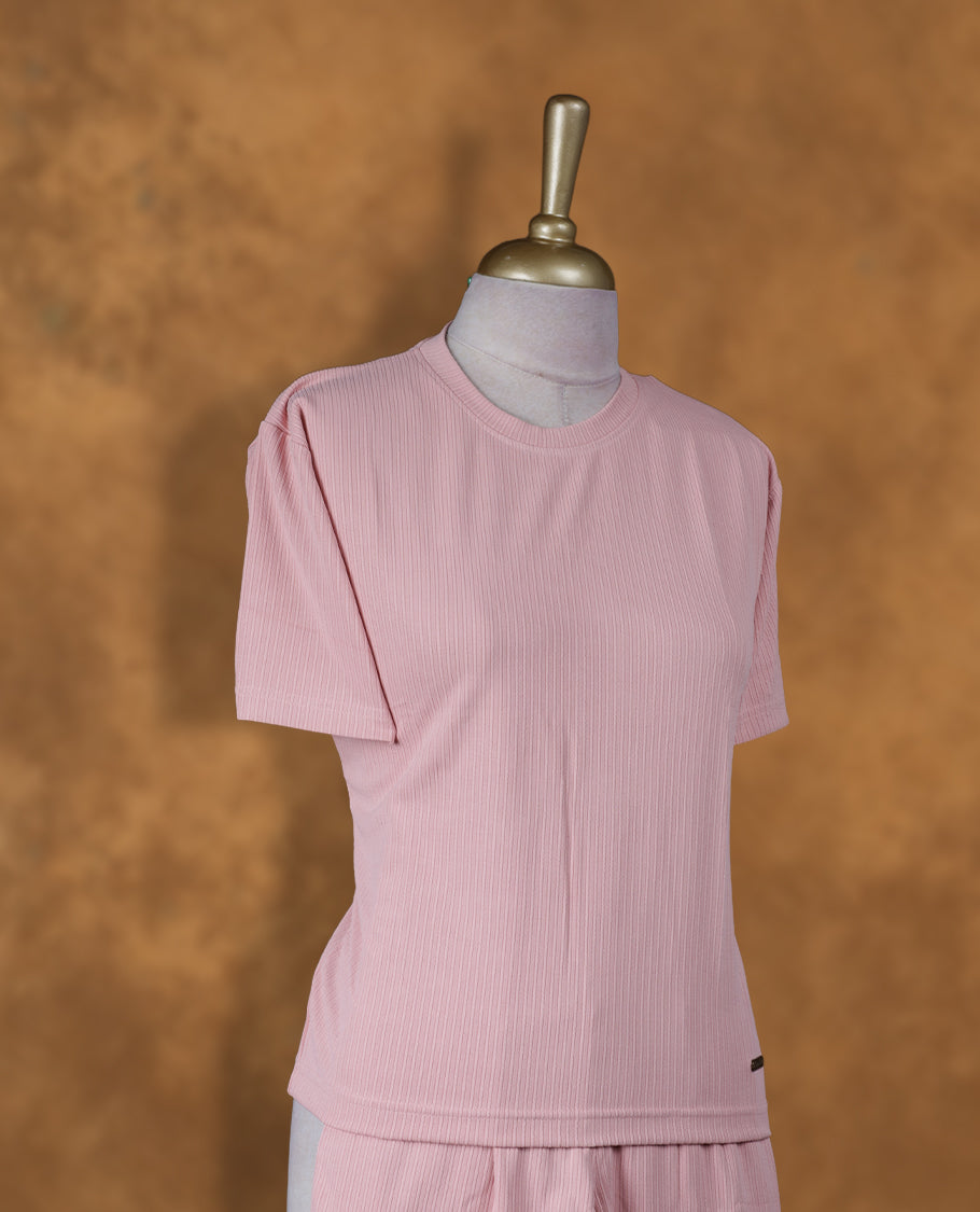 Pink colour coord set with round neckline, short sleeve Tshirt design and matching pant