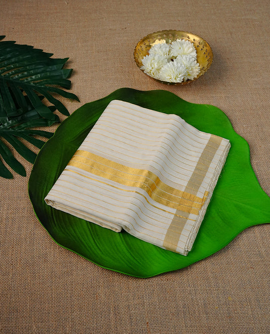 Cream  Colour  Pure Cotton Double Dhoti Featuring Elegant  Stripes Across The Body With A Classic Gold  Kasav Kara