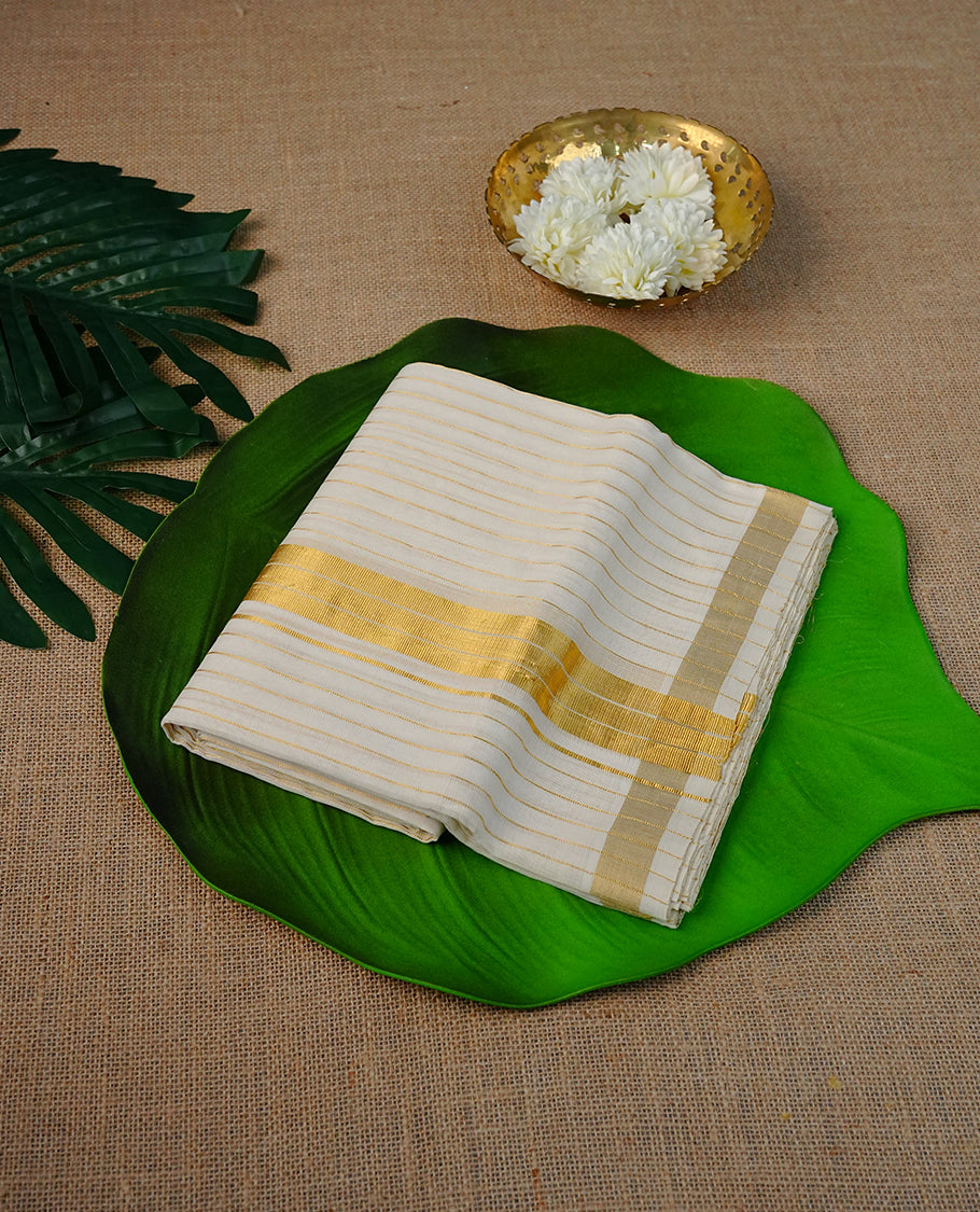 Cream  Colour  Pure Cotton Double Dhoti Featuring Elegant  Stripes Across The Body With A Classic Gold  Kasav Kara