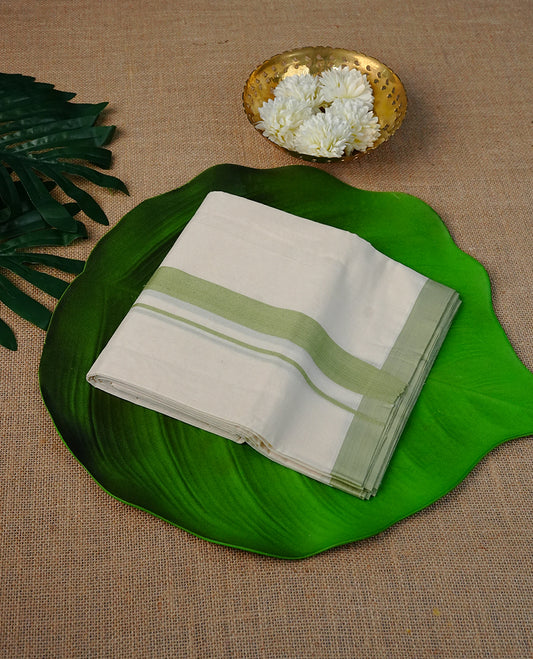 Cream Colour Cotton Double Dhoti Finished With A Classic Body , A Pista Green Kara