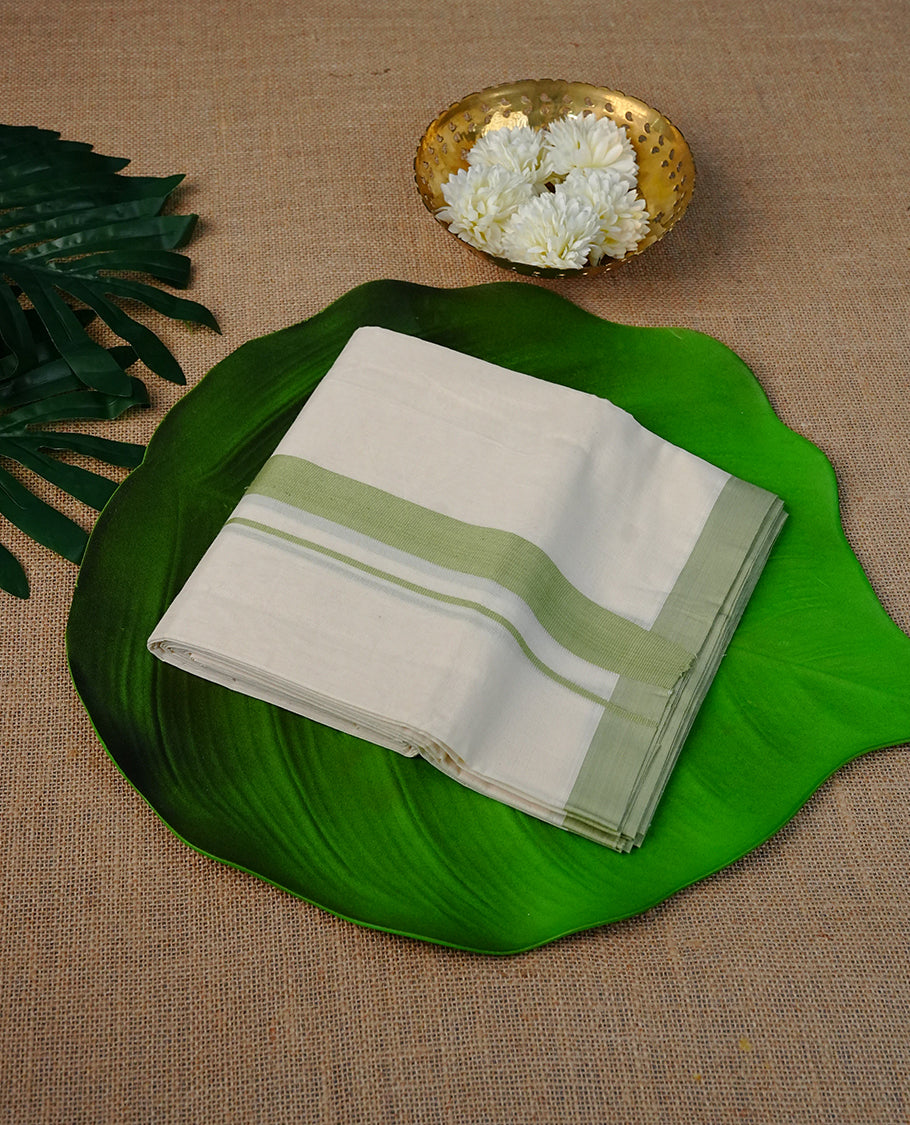 Cream Colour Cotton Double Dhoti Finished With A Classic Body , A Pista Green Kara