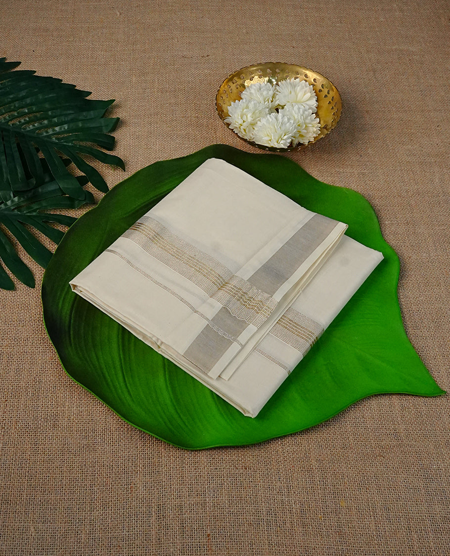 Cream colour Cotton Double dhoti featuring plain with Light Gold Striped  kara.