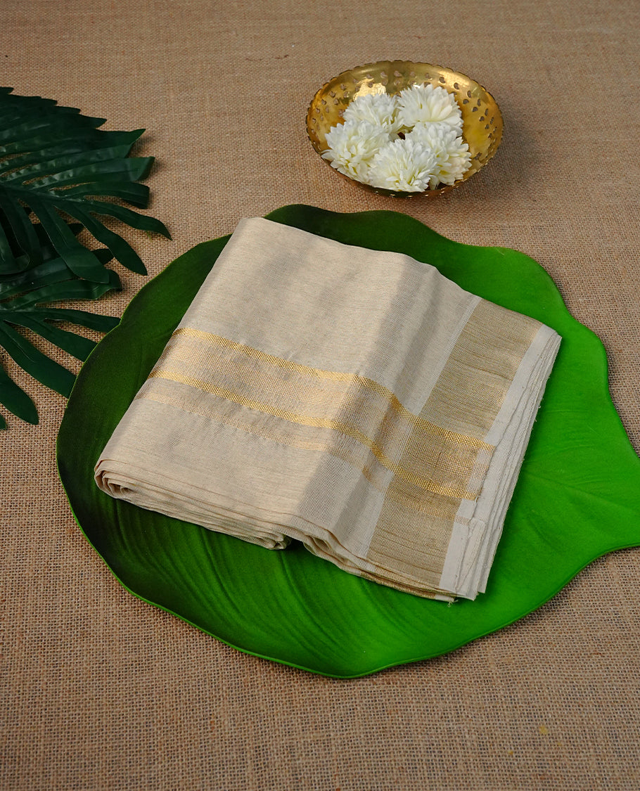 Gold colour pure Tissue double dhoti featuring Plain with Gold zari Border.