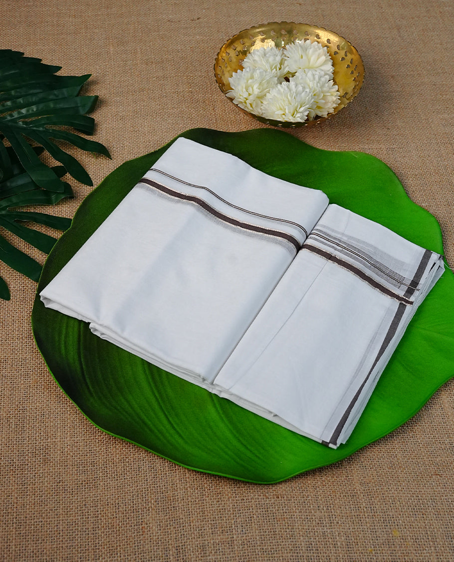 White Colour Cotton Double Dhoti Finished With A Classic Brown & Light Gold Zari Kara