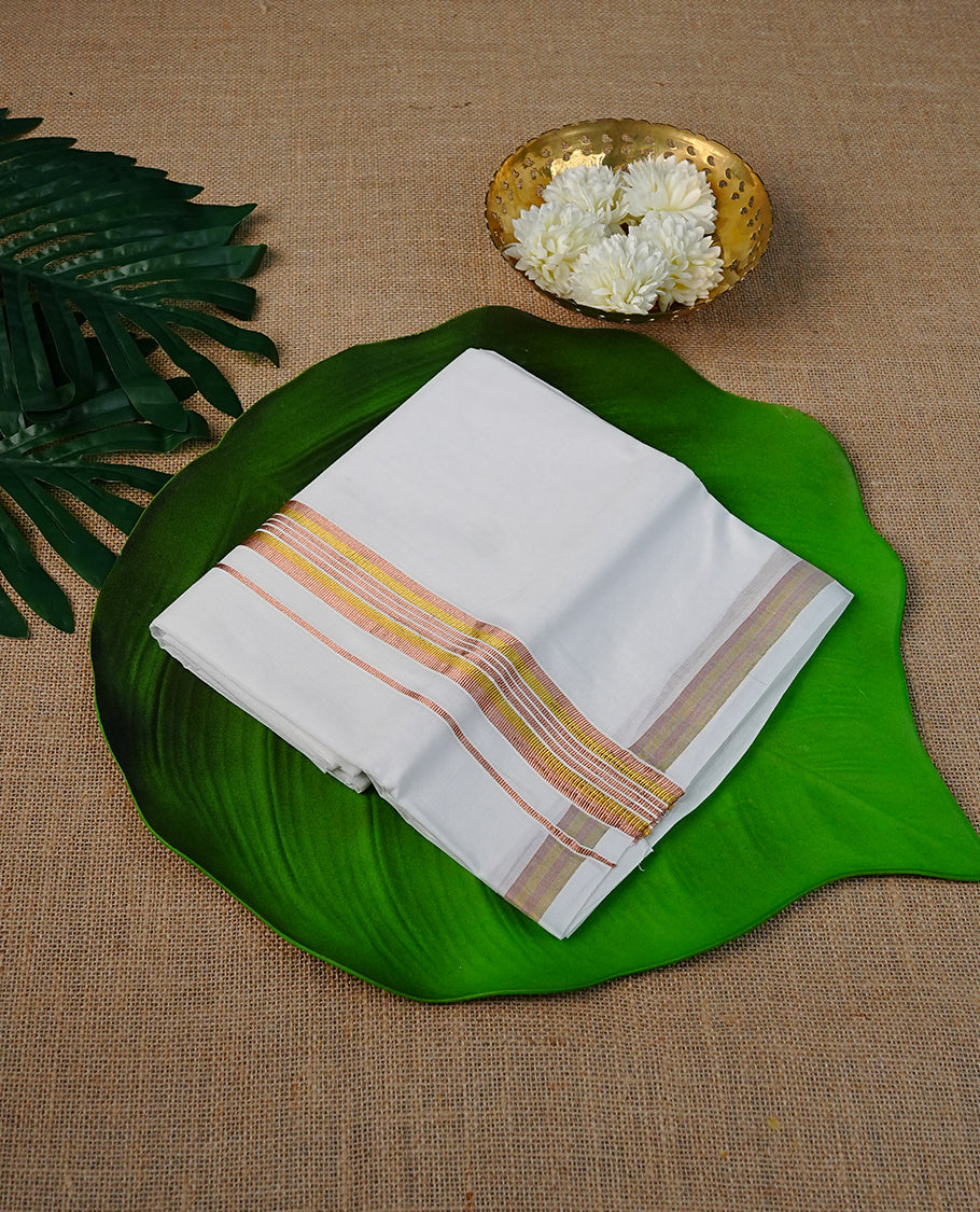 White colour Cotton Double dhoti featuring plain Body with Copper & Yellow Striped kara.