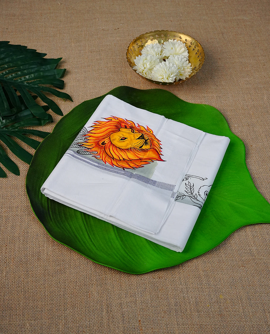 White colour cotton double dhoti Featuring Plain with Animal Printed kara