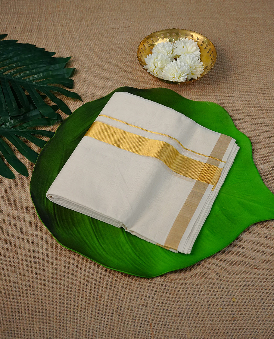 Cream colour Cotton Double dhoti featuring plain with Gold  kara.