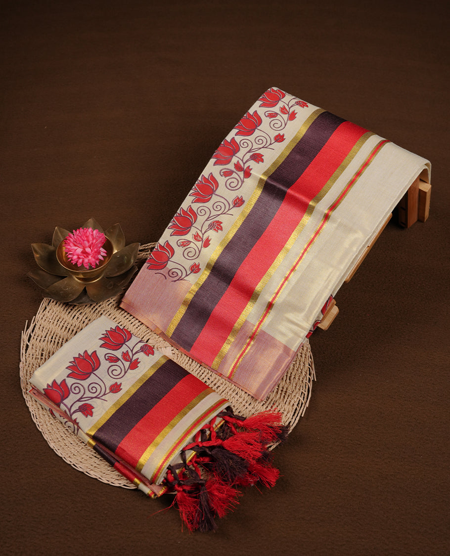 Light gold colour tissue set mundu highlights gold, red and dark brown zari border featuring lotus kode print across border (2.00/2.80 MTS).
