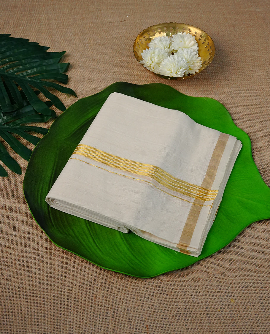 Cream  Colour Cotton Double Dhoti Finished With A Classic Gold Kara
