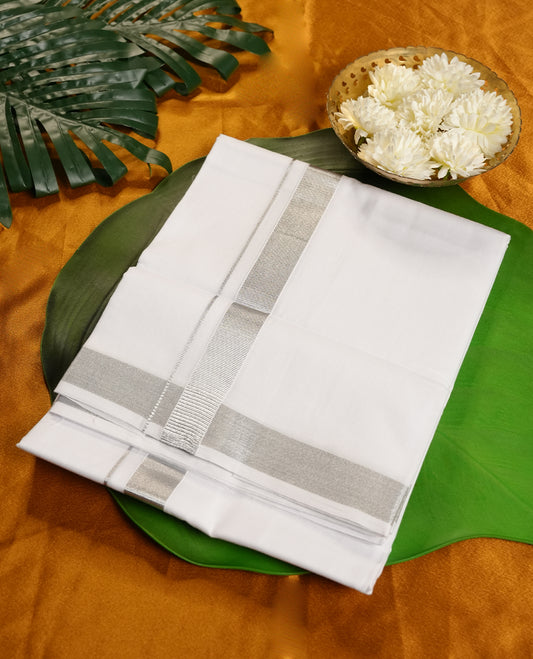 White Colour Pure Cotton double Dhoti with Silver Colour Simple Border for Men