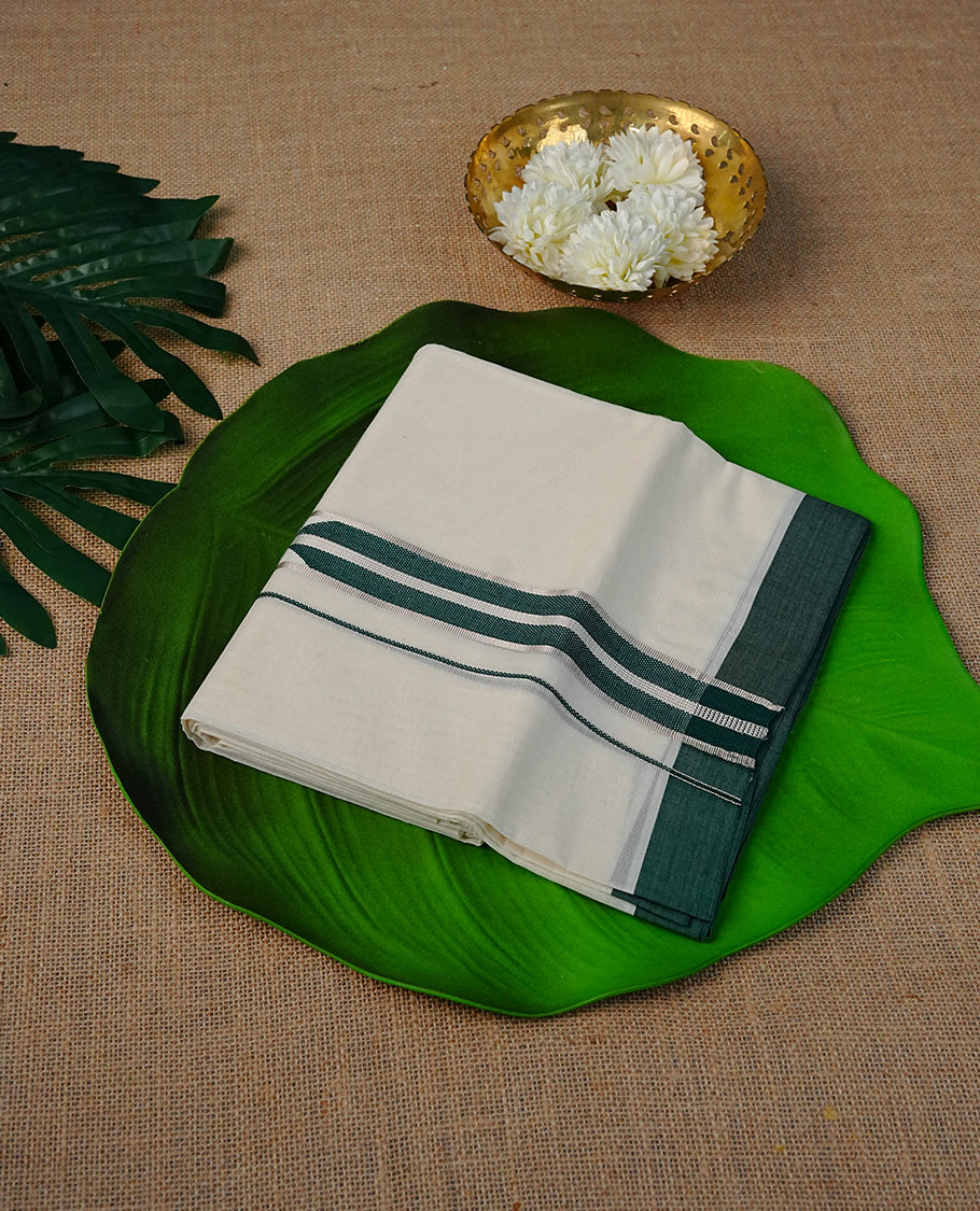 Cream Colour Cotton Double Dhoti Finished With A Classic Body ,Featuring  Green & Light Gold Kara