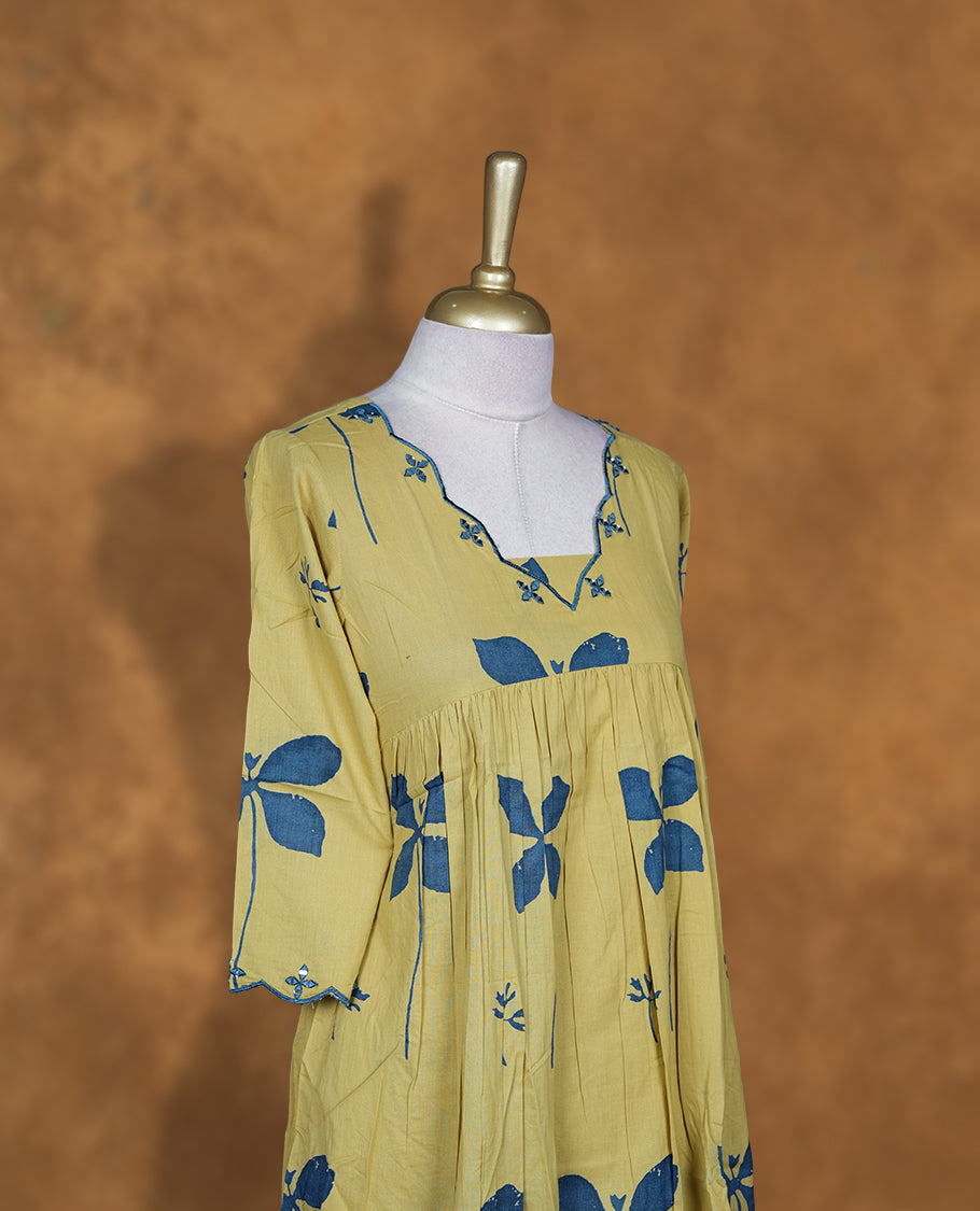 Olive colour coord set with styled with blue thread pattern & mirror around neckline, knee length design