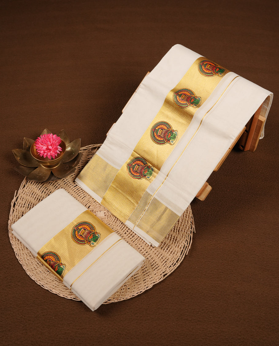 Off white colour cotton set mundu highlights gold zari border with Indian art form print across border (2.00/2.80 MTS).